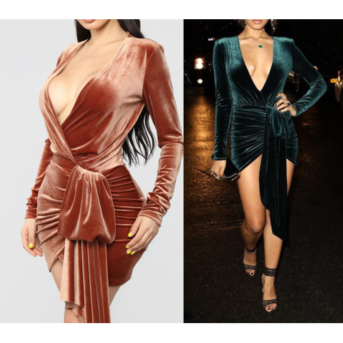 Cocktail Dresses Womens Deep V-neck Sexy Long Sleeve Velvet Bodycon Supplier